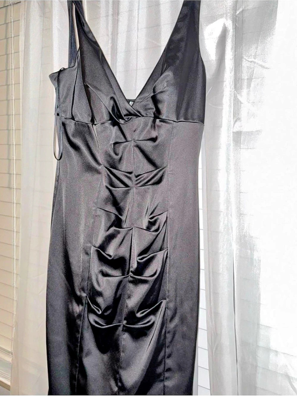 Caché Ruched Black Midi Dress Size 10 Like New